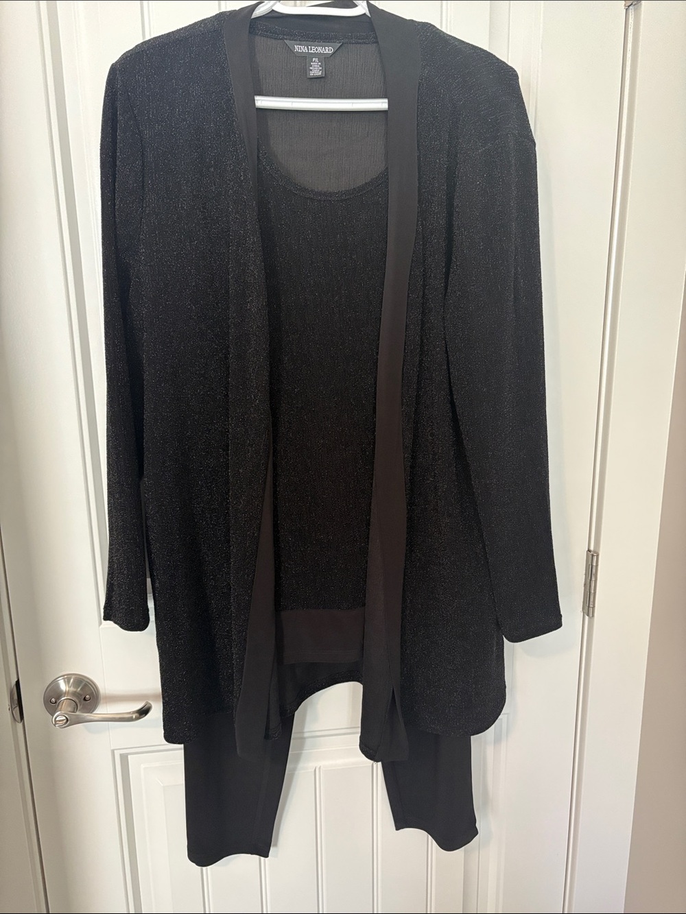 Nina Leonard 3 pc Black Sparkle Open-Front Cardigan Topper, Tank Top & Pants Set